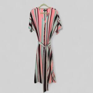 Lane Bryant 14/16 Pink Striped Belted Button Front Midi Dress Dolman Sleeve